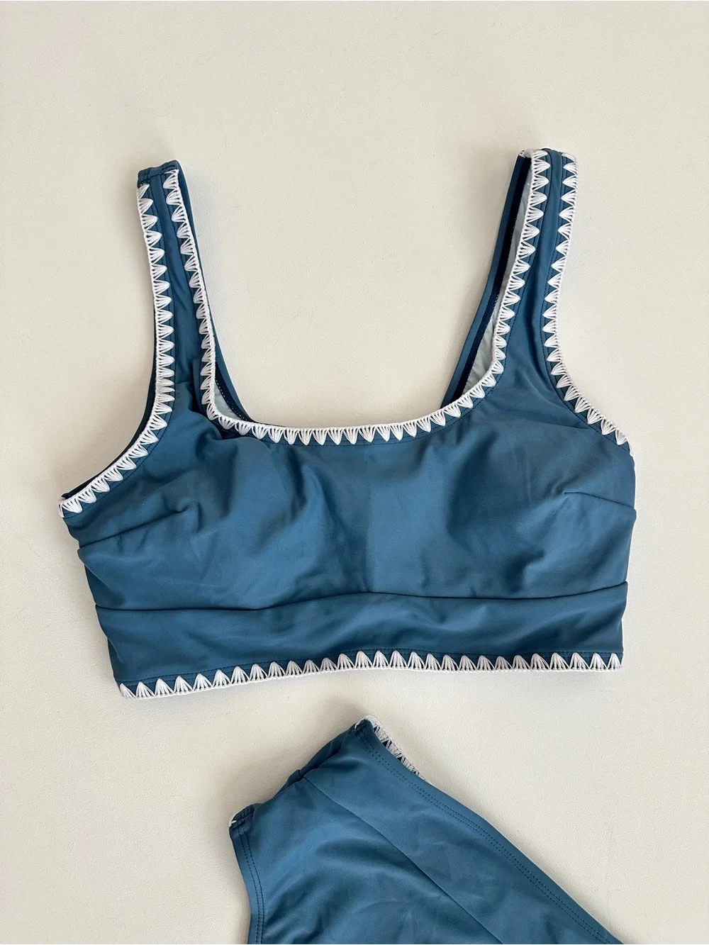 Cupshe Blue White Crochet Trim Scoop Neck High-Waist Bikini Set Size M